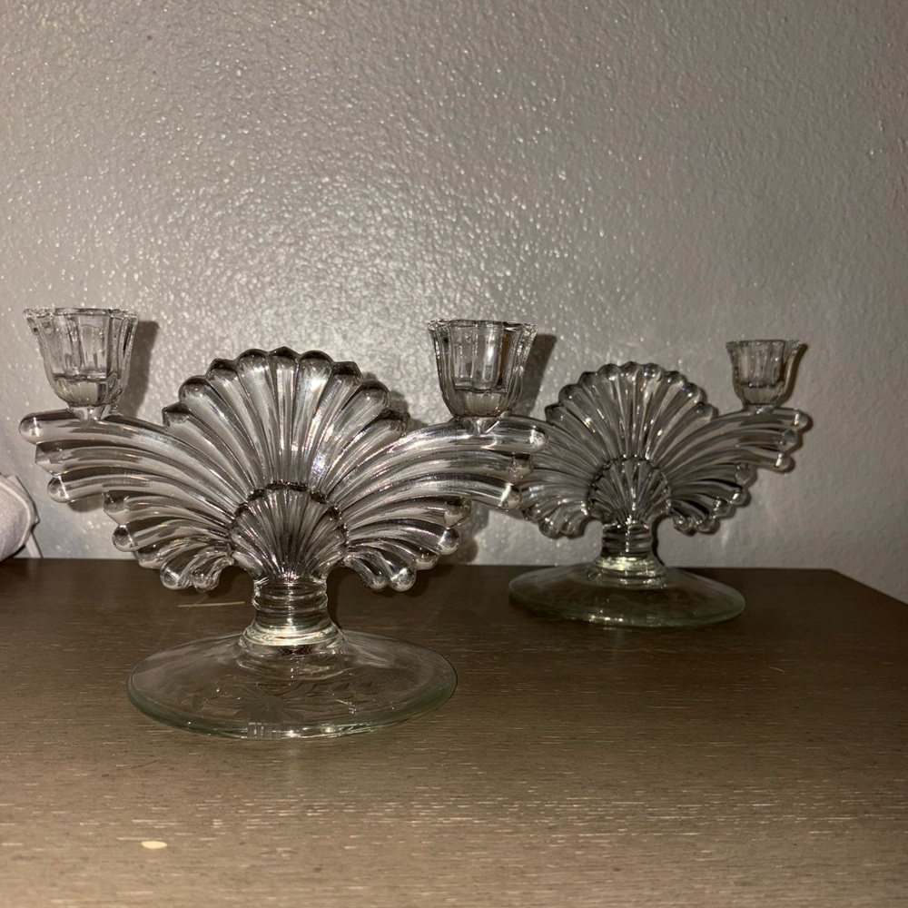 1930s Vintage Paden City Pressed Glass Maya Double Candle Holders Art Deco
